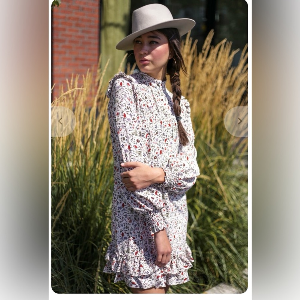 FRAME 100% Silk Smocked Floral High-Neck Shift Dress NWT